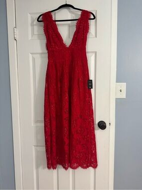 Lulu's Red Lace V-Neck Midi Dress